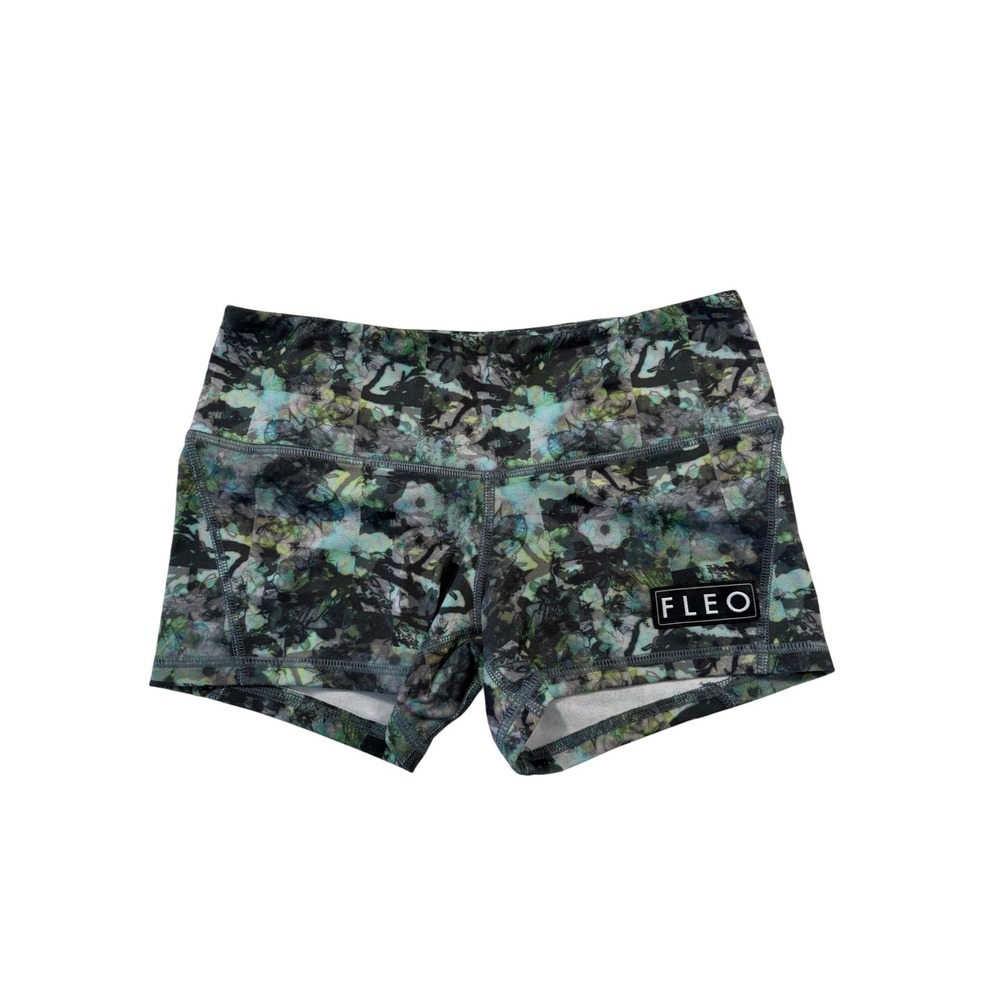 FLEO Womens Green Black Abstract Floral Athletic Workout Gym‎ Shorts Size Small